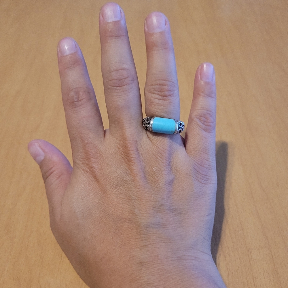 Sterling Silver 925 Scrolled Filligree Boho Ring with Turquoise Colored Inset - Picture 14 of 15